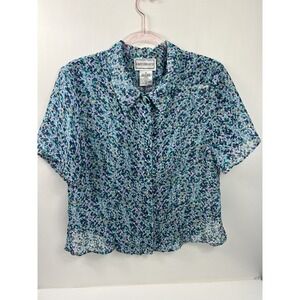 Vintage Karin Stevens Full Button Blouse Top Short Sleeve Womens Sz 14 Bluegreen